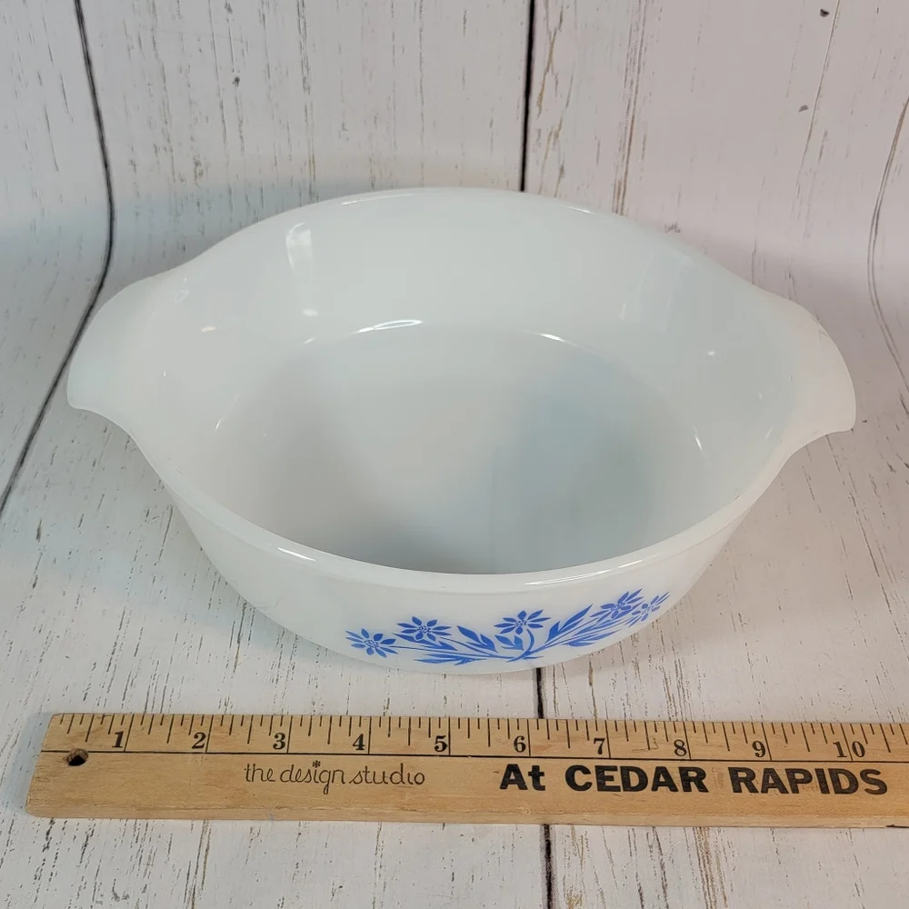Fire King White Milk Glass Blue Flower 1 QRT Vintage Cassarole Dish 1960's